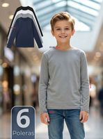 Pack 6 Poleras Camisetas Polar Primera Capa Cuello Redondo Manga Larga Colores Surtidos Niños
