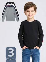 Pack 3 Poleras Camisetas Polar Primera Capa Cuello Redondo Manga Larga Colores Surtido Niños
