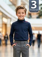 Pack 3 Poleras Camisetas Polar Azul Oscuro Primera Capa Beatle Manga Larga Niño