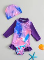 Traje De Baño Enterito Manga Larga con Cremallera Gorro de Baño Bebe Niña Purple Mermaid