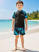Traje de Baño Pantalón Corto Manga Corta 2 Piezas Corte Split para Niños 4 a 6 años Black