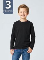 Pack 3 Poleras Camisetas Bambú Negra Cuello Redondo Primera Capa Mangas Largas Niños