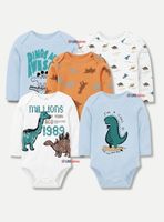 Pack 5 Bodys Manga Larga 100% Algodón Bebé Niños Dino Aventure