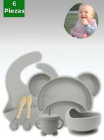Set De Alimentación Bebé Silicona 6 Piezas Libre BPA Gris