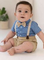 Conjunto de Vestir con Tirantes Camisa Azul Pantalón Corto Algodón Bebe y Niño