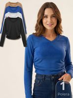 Camiseta Polar Polera Cuello V Mujer Manga Larga Tela Acanalada Colores Surtidos