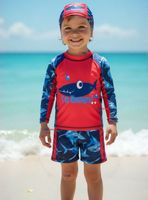 Traje de Baño Polera Manga Larga Gorro Pantalón Corto 3 Piezas Corte Split Niño 1 a 5 años Red Whale