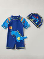 Traje de Baño Enterito Cremallera Manga Corta Con Gorro para Niños de 2 a 4 años Blue Dinosaurio