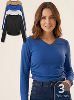 Pack 3 Camisetas Polar Polera Cuello V Mujer Manga Larga Tela Acanalada Colores Surtidos