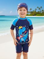 Traje de Baño Enterito Cremallera Manga Corta Con Gorro para Niños 2 a 4 años Blue Dinosaur