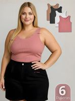 Pack 6 Camiseta Polera Sin Mangas Tela Acanalada de Algodón Cuello V Mujer Color Surtido