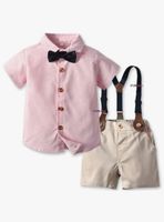 Conjunto de Vestir con Tirantes Camisa Color Rosado Pantalón Corto Algodón Bebe y Niño