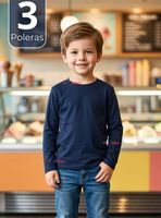 Pack 3 Poleras Camisetas Bambú Azul Oscuro Cuello Redondo Primera Capa Manga Larga Niño