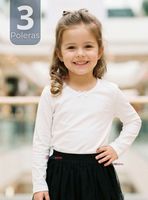 Pack 3 Camisetas Poleras Algodón Cuello Redondo Blanca Primera Capa Manga Larga Niña