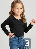 Pack 3 Camiseta Polera Algodón Cuello Redondo Negra Primera Capa Manga Larga para Niñas