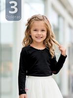 Pack 3 Camiseta Polera Algodón Cuello Redondo Negra Primera Capa Manga Larga Niña