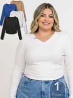 Camiseta Polar Polera Cuello V Mujer Manga Larga Tela Acanalada de Colores Surtidos