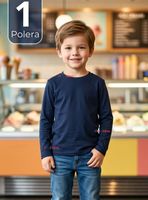 Polera Camiseta Bambú Azul Oscuro Cuello Redondo Primera Capa Manga Larga Niño