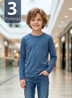 Pack 3 Poleras Camisetas Bambú Azul Claro Cuello Redondo Primera Capa Mangas Larga Niños