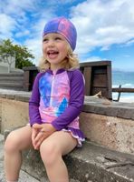 Traje De Baño Enterito Manga Larga con Cremallera y Gorro de Baño Bebe Niña Purple Mermaid