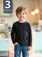 Pack 3 Poleras Camisetas Bambú Negra Cuello Redondo Primera Capa Manga Larga Niño