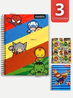 Pack 3 Cuadernos Universitario Marvel Heroes Kawaii de 150 Hojas Tapa Gruesa Proarte Diseño Surtido