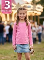 Pack 3 Camisetas Poleras Bambú Cuello Redondo Rosado Oscuro Primera Capa Mangas Largas para Niñas