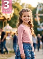 Pack 3 Camisetas Poleras Bambú Cuello Redondo Rosado Claro Primera Capa Mangas Largas para Niñas