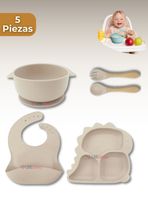 Set De Alimentación Bebé Silicona 5 Piezas Dinosaurio Libre BPA Beige