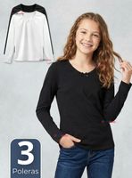 Pack 3 Camiseta Polera Algodón Cuello Redondo Primera Capa Manga Larga Colores Surtidos Juvenil