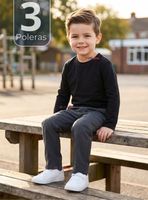 Pack 3 Polera Camiseta Polar Negra Primera Capa Escolar Cuello Redondo Mangas Largas Niño