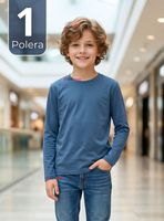 Polera Camiseta Bambú Azul Claro Cuello Redondo Primera Capa Mangas Largas Niños