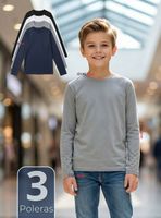 Pack 3 Poleras Camisetas Polar Primera Capa Cuello Redondo Manga Larga Colores Surtidos Niños