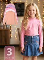 Pack 3 Polera Camiseta Bambú Cuello Beatle Primera Capa Manga Larga Colores Surtido Niña