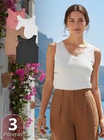 Pack 3 Camiseta Polera Sin Mangas Tela Acanalada de Algodón Cuello V Mujer Colores Surtidos