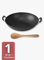Wok Chino Acero Inoxidable Antiadherente 34cm+ Cuchara de Madera Bambú