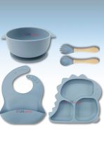 Set De Alimentación Bebé Silicona 5 Piezas Dinosaurio Libre BPA Celeste