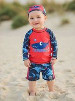 Traje de Baño Con Gorro Pantalón Corto Manga Larga 3 Piezas Corte Split Niño 1 a 5 años Red Whale