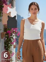 Pack 6 Camiseta Polera Sin Mangas Tela Acanalada de Algodón Cuello V Mujer Colores Surtidos