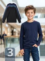 Pack 3 Polera Camiseta Bambú de Cuello Redondo Primera Capa Manga Larga de Colores Surtido Niño