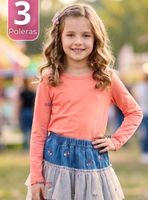 Pack 3 Camisetas Poleras Bambú Cuello Redondo Primera Capa Manga Larga Color Surtidos para Niñas