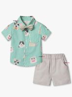 Conjunto de Vestir Camisa de rayas Con Lazo Y Pantalón Corto beige de Algodón Bebe y Niño