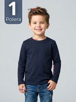 Polera Camiseta Bambú Azul Oscuro Cuello Redondo Primera Capa Manga Larga Niños