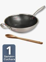 Sartén Wok de Acero Inoxidable Antiadherente 34cm +Cuchara de Madera de Bambú