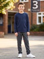 Pack 3 Polera Camiseta Polar Color Azul Primera Capa Escolar Cuello Redondo Manga Larga Niños