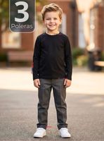 Pack 3 Polera Camiseta Polar Negra Primera Capa Escolar Cuello Redondo Mangas Largas Niños
