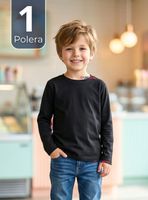 Polera Camiseta Bambú Negra Cuello Redondo Primera Capa Manga Larga Niño