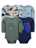 Pack 4 Bodys Bebé Niño Manga Larga Tedmimak 100% Algodón Blue Dinosaur