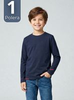 Polera Camiseta Bambú Color Azul Oscuro de Cuello Redondo Primera Capa Manga Larga Niños