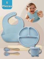 Set De Alimentación Bebé Silicona Con Vaso 5 Piezas Libre BPA Celeste